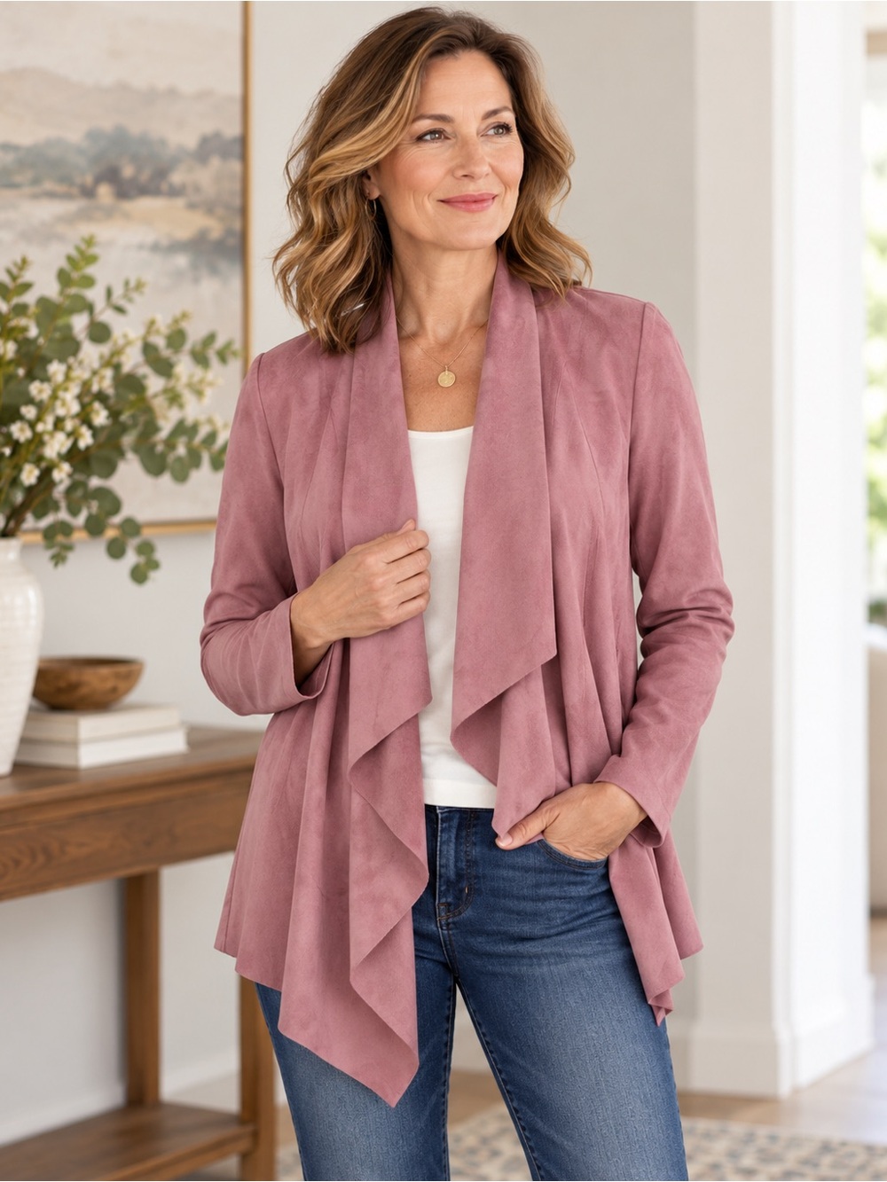 TanJay Dusty Rose Faux Suede Open Front Waterfall Jacket M